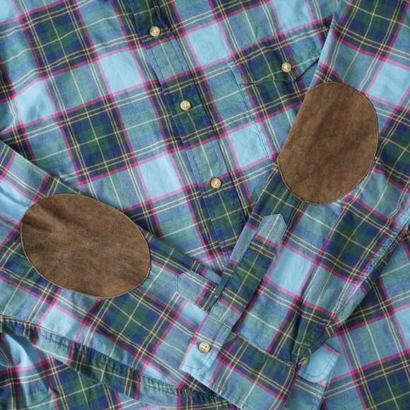 Polo Ralph Lauren Whitfield Elbow Patch Shirt Classic Fit Plaid Blue Men Sz XL - Picture 8 of 14